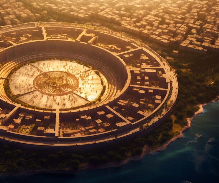 Ancient city with concentric rings of water and land