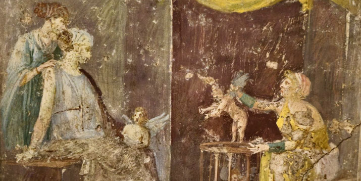 Ancient fresco showing two scenes: on the left, two women with a winged figure; on the right, a seated woman interacts with a small winged child, likely Cupid.