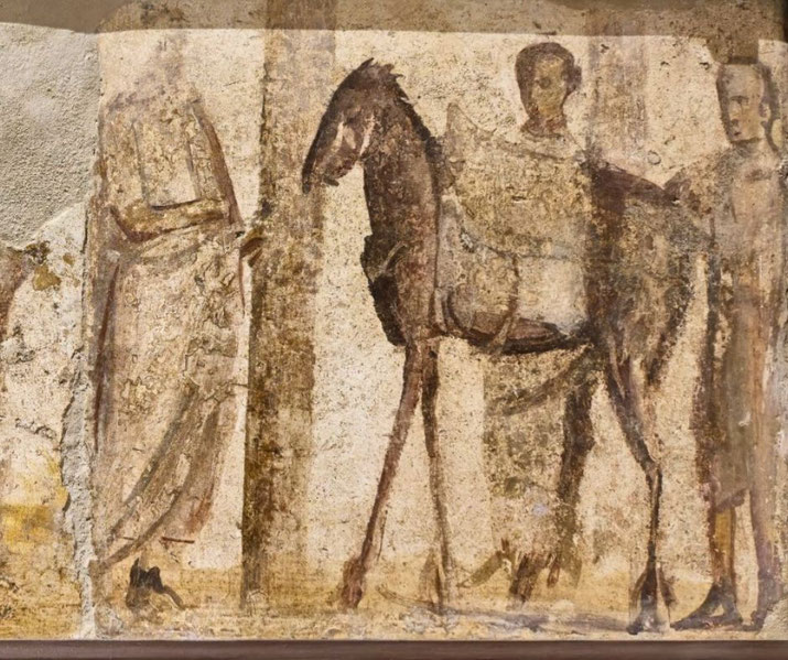 Faded ancient fresco depicting a horse and three robed figures, likely part of a Roman ceremonial or everyday scene.