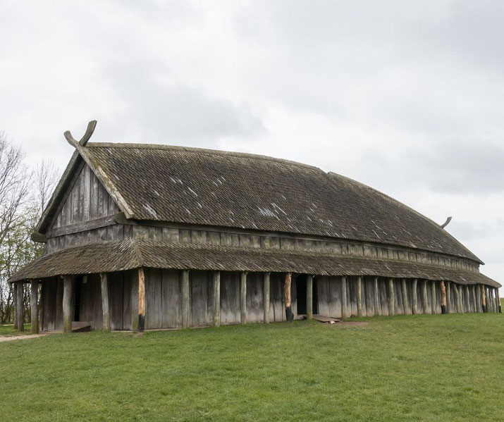 A reconstructed Viking longhouse with a wooden structure, steep thatched roof, and curved gable decorations.