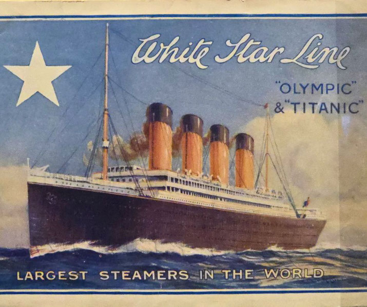 A vintage advertisement for the White Star Line, showcasing the "Olympic" and "Titanic" as the largest steamers in the world, with an illustration of a grand ocean liner at sea.