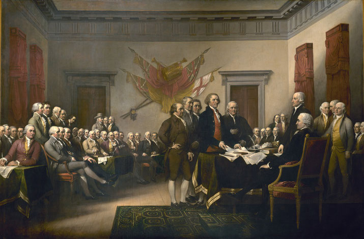 Painting depicts the presentation of the Declaration of Independence to Congress, with key figures gathered around a table in a formal chamber.