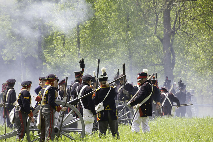 Soldiers in historical uniforms reenact a cannon scene in a smoky, wooded field, suggesting a battle from the Napoleonic era.