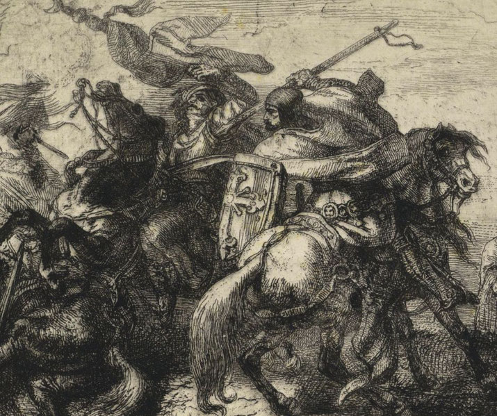 Etching and drypoint print depicting crusaders in combat, created by Theodoor Schaepkens.