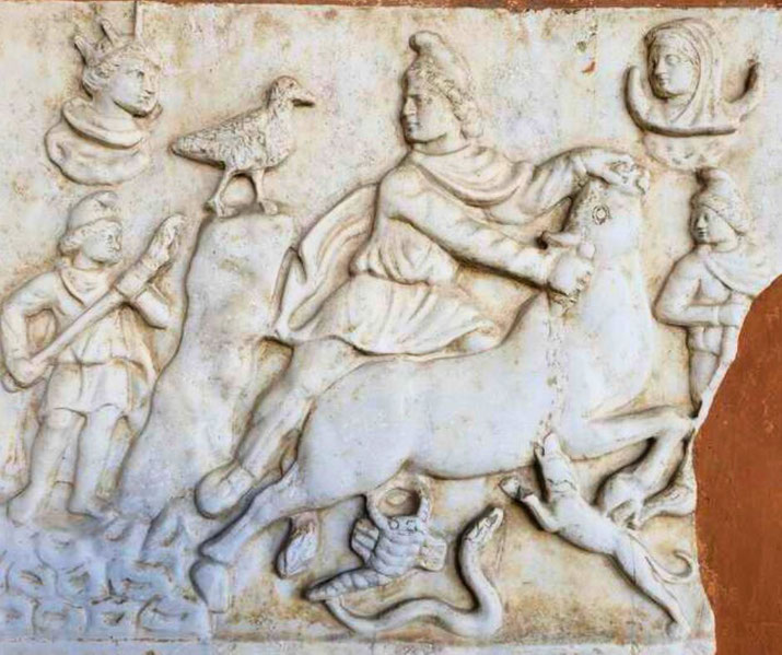 Marble relief depicting Mithras slaying a bull, a central symbol of Mithraism, with accompanying figures, a dog, serpent, and scorpion in the tauroctony scene.