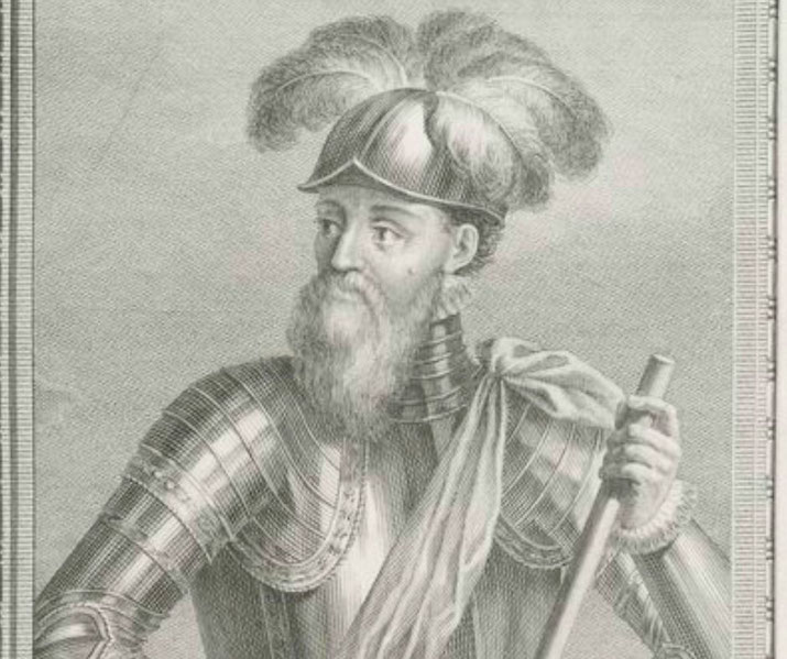 An engraving of Francisco Pizarro, the Spanish conquistador who led the conquest of the Inca Empire. He is depicted in armor with a feathered helmet, holding a staff.