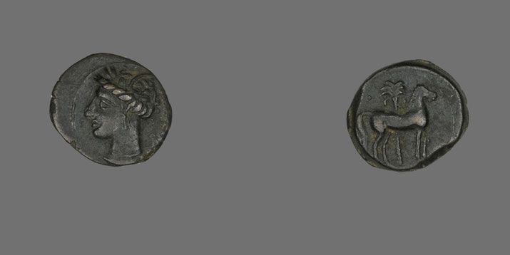 An ancient Carthaginian coin. One side depicts a laureate head, while the other features a horse standing beneath a palm tree, a common symbol in Carthaginian numismatics.