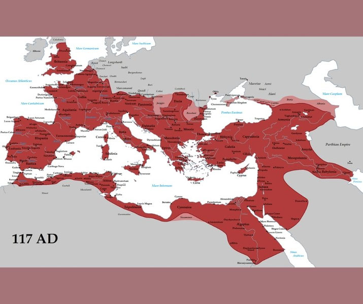 A map shows the Roman Empire at its greatest extent in 117 AD, covering vast territories across Europe, North Africa, and the Middle East, marked in red, with key regions and cities labeled.