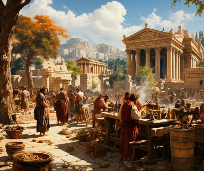 Ancient Athenian people in the Agora marketplace