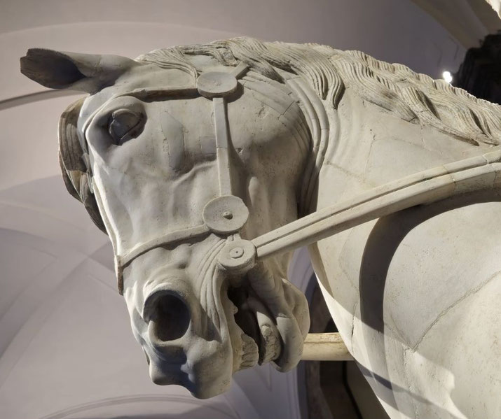 Close-up of a marble horse’s head with detailed bridle, flared nostrils, open mouth, and carved mane, showing dynamic tension and realism.