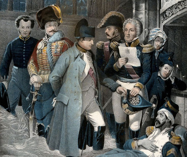 Napoleon stands among officers and attendants as one reads a document and a wounded man lies nearby in a historical interior scene.