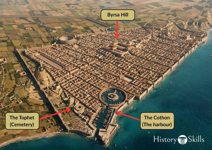 Aerial reconstruction of ancient Carthage showing the circular harbour, urban districts, city walls, Byrsa Hill, and the Tophet along the Mediterranean coast.