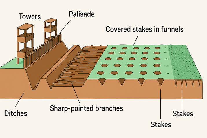 A layered Roman fort defense system with towers, palisade, ditches, sharp-pointed branches, covered stakes in funnels, and multiple rows of ground stakes.