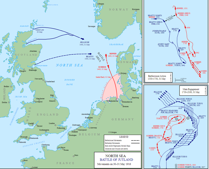 A detailed map showing British and German fleet movements during the Battle of Jutland (30–31 May 1916), with inset diagrams of key battle phases and ship positions.