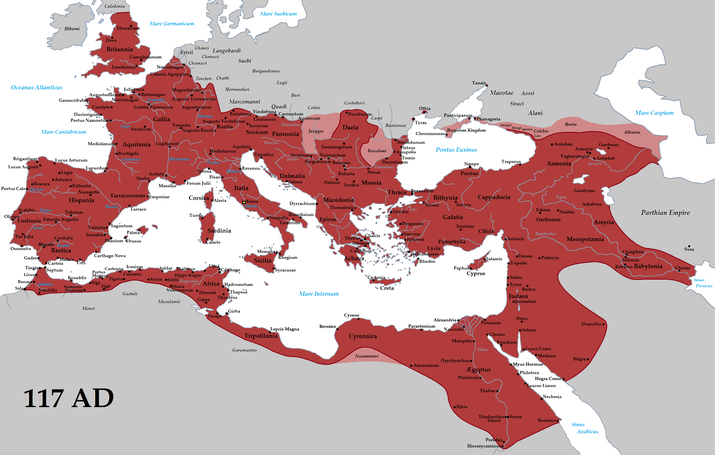 A map shows the Roman Empire at its greatest extent in 117 AD, covering vast territories across Europe, North Africa, and the Middle East, marked in red, with key regions and cities labeled.