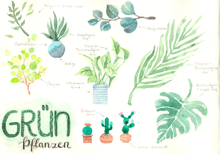 Aquarellstudie "Grünpflanzen": unterschiedliche Grünmischungen zum Darstellen von Pflanzen