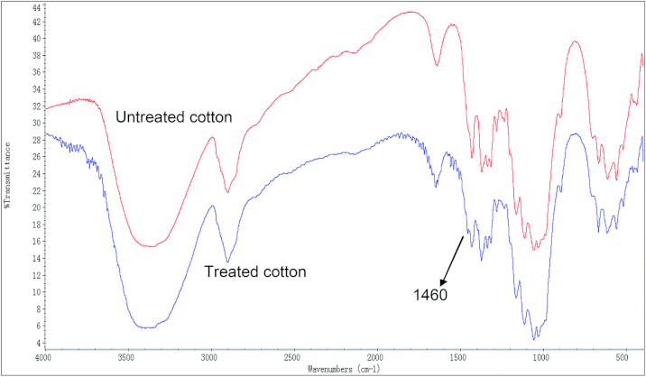 Courbe de transmittance d'une fibre de coton traité(en bleu) et courbe d'une fibre de coton non traité(en rouge) au FTIR