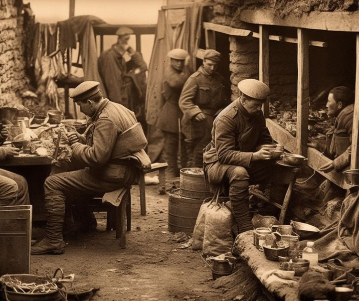 WWI eating in trenches