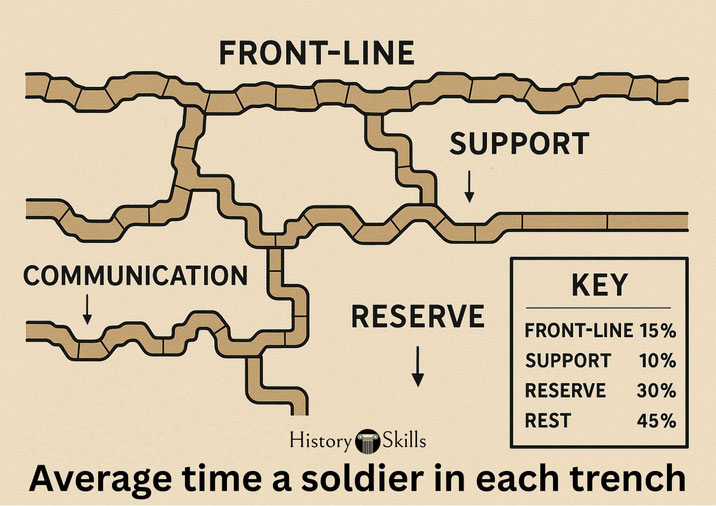 Diagram showing WWI trench system labeled with roles and average time soldiers spent: 15% front-line, 10% support, 30% reserve, 45% rest, with communication trenches connecting them.
