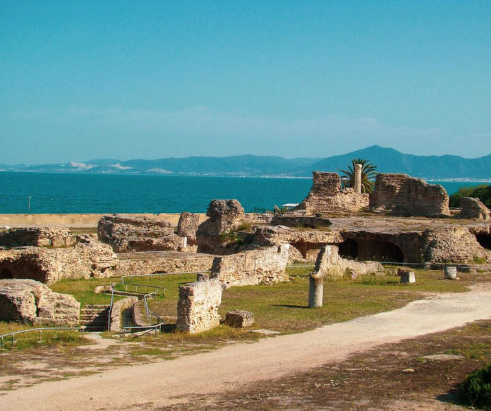 The ruins of ancient Carthage by the sea, with crumbling stone structures and scattered columns. Mountains rise in the background, while palm trees add contrast to the historic site.