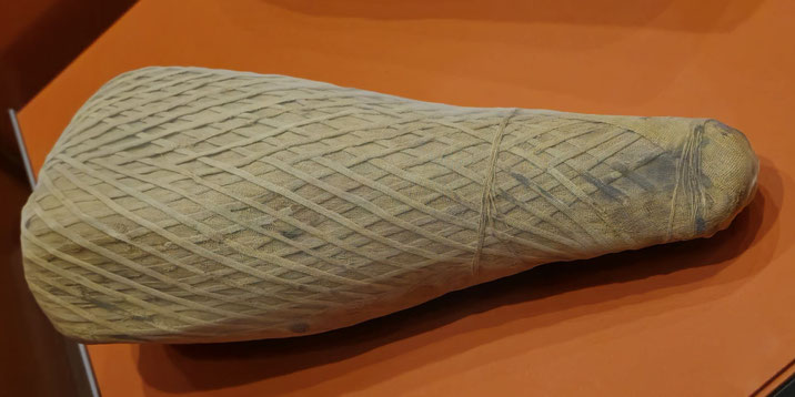 Mummified animal wrapped in crisscrossed linen layers, displayed on an orange museum platform.