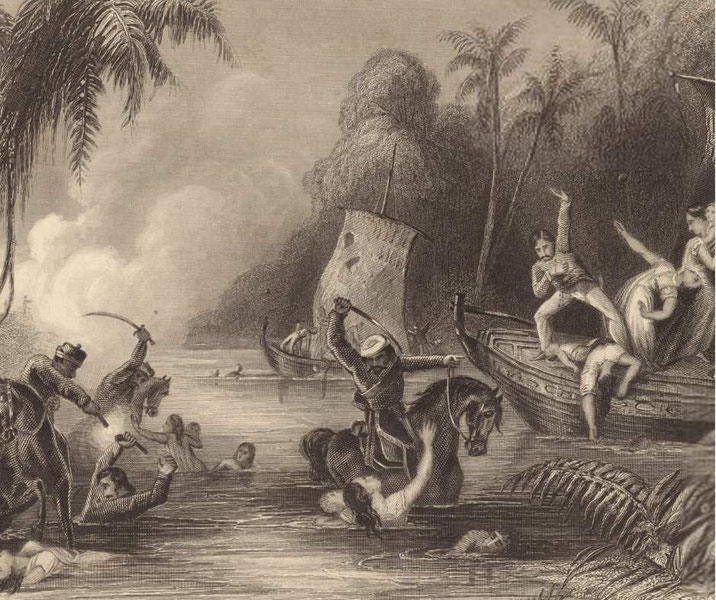 Engraving of a violent river raid with armed riders, struggling figures, boats, and tropical trees in a dramatic colonial-era scene.