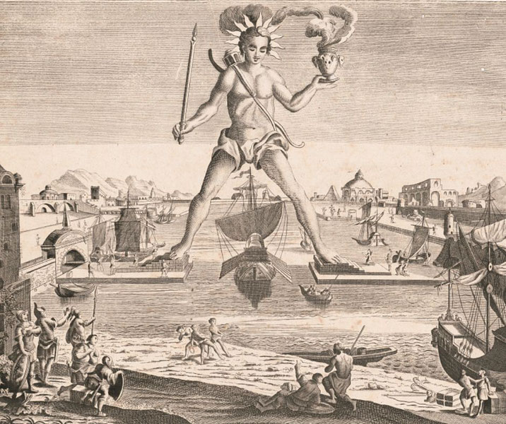 Engraving shows the Colossus of Rhodes towering over a harbor entrance with ships passing beneath its legs.