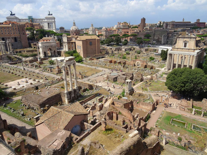 Wide view of the Roman Forum ruins in Rome, showing ancient temples, columns, and remnants of public buildings.