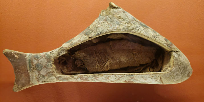 Mummified fish wrapped in linen and placed inside a painted fish-shaped wooden container, displayed on an orange background.