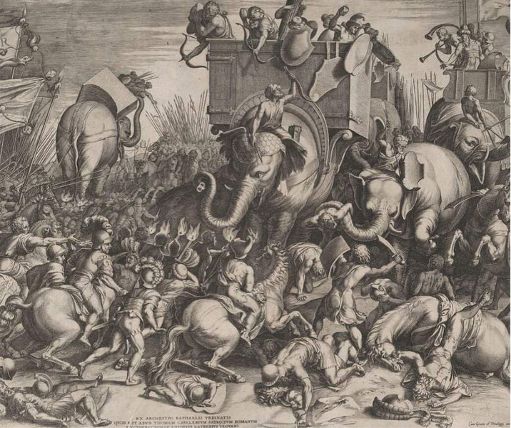 The Battle of Zama, with war elephants charging amid chaotic combat. Roman and Carthaginian soldiers clash, horses rear, and fallen warriors litter the battlefield.