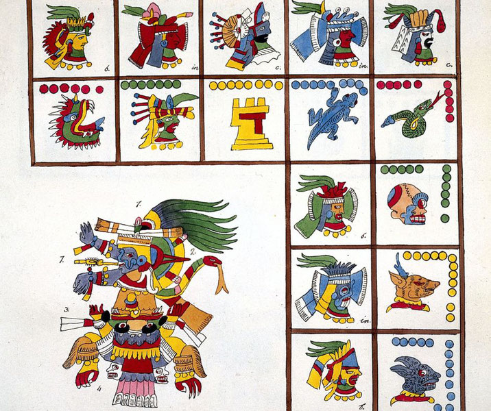 Colorful Aztec codex illustrations depicting various gods, symbols, and deities. The intricate designs reflect traditional Mesoamerican iconography and religious significance.