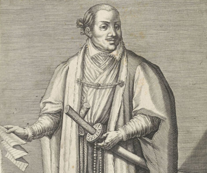 A historical engraving of a noble or cleric in elaborate robes, holding a sword and a scroll. He wears a chain with a medallion and has a composed expression, suggesting authority and influence.