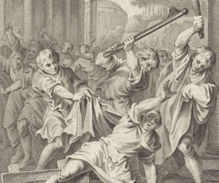 Tiberius Gracchus is attacked with chairs by a mob during a political assembly, illustrating his violent death.
