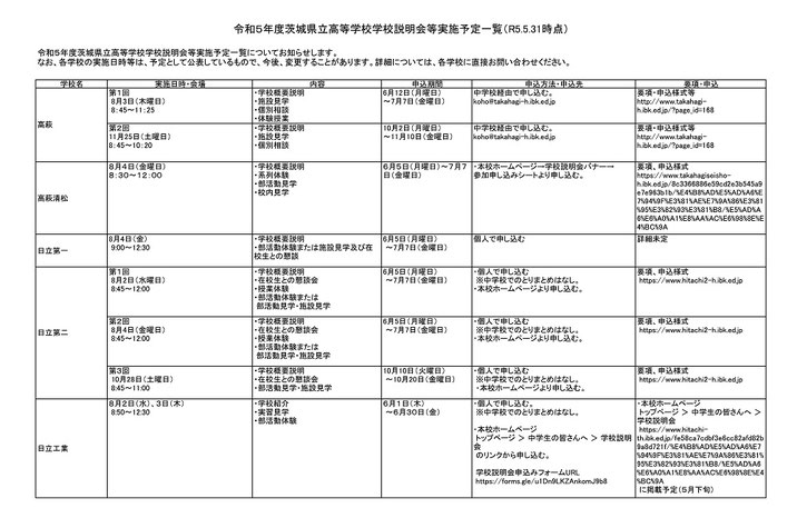 茨城県立高校,学校説明会等実施一覧