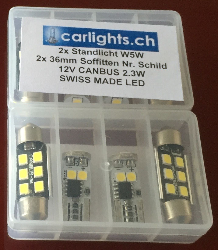 2x LED Standlicht W5W T10 canbus , 2x Soffitten 36mm C5W Swiss Made by www.carlights.ch 3 Jahre Garantie