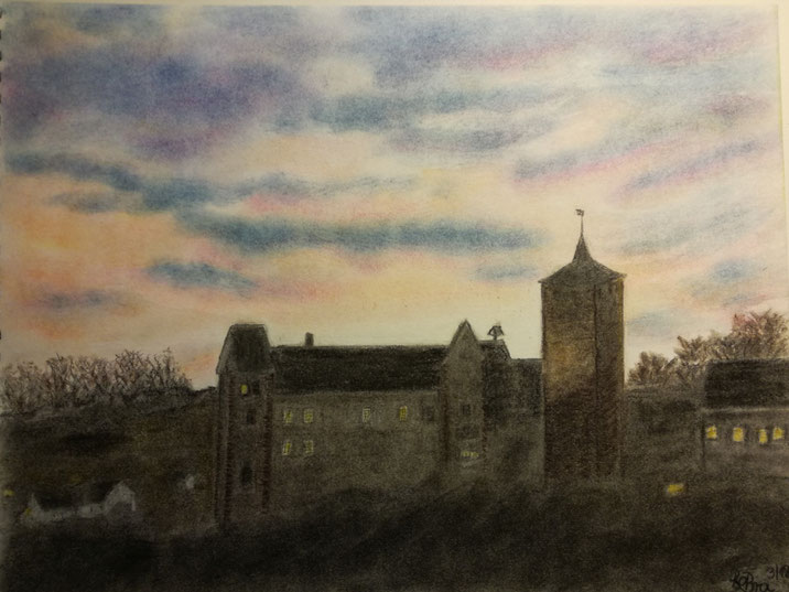 Burg Rothenfels in der Dämmerung  Pastellkreide  Zeichenpapier A4