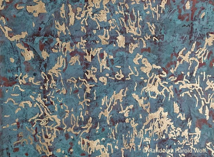 "Veins of Light" executed on handmade paper measuring 76 cm x 56 cm. Here I used 23 carat gold leaf for the figures after doing the background in copper leaf and patinating it.