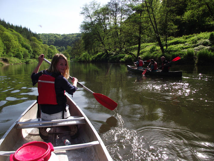 Monmouth canoes, River Wye, Forest of Dean, England, Wales border.