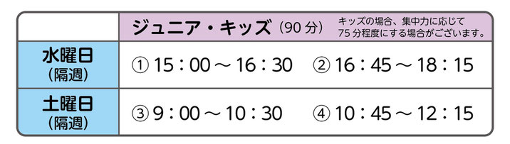 水曜日（隔週）①15：00～16：30　②16：45～18：15、土曜日（隔週）①9：00～10：30　②10：45～12：15