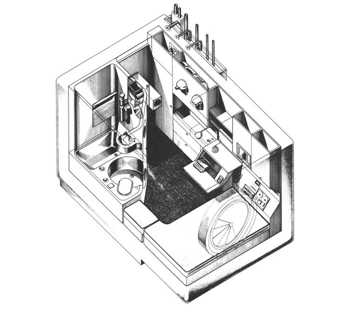 Diagrama detallado de una cápsula que muestra como en un pequeño espacio se aprovecha para colocar un baño completo, una cama y un mueble integral de pared que también funciona como escritorio
