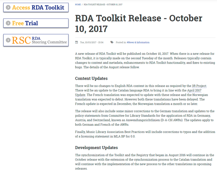 Infos zum August-Release auf der Website des RDA Toolkit