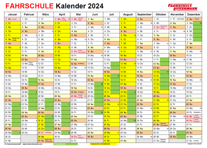 grün = Theoriekurse / gelb = hessische Schulferien