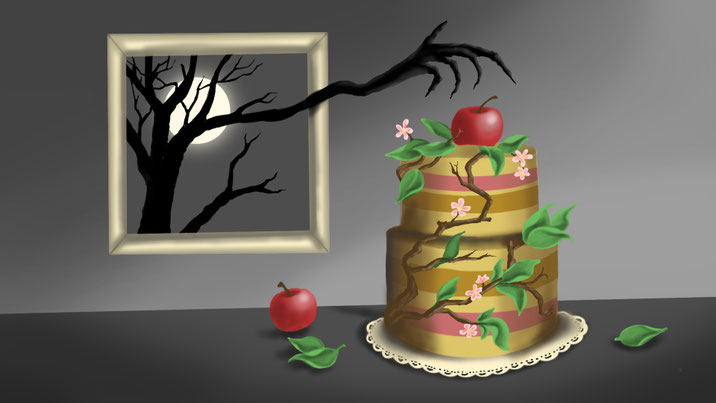 Digital Art "Der Tortenbaum": Eine aufwändig dekorierte Apfeltorte. Im Hintergrund ein gerahmtes Bild, aus dem ein Ast hervortritt, der sich den Apfel auf der Torte krallen will
