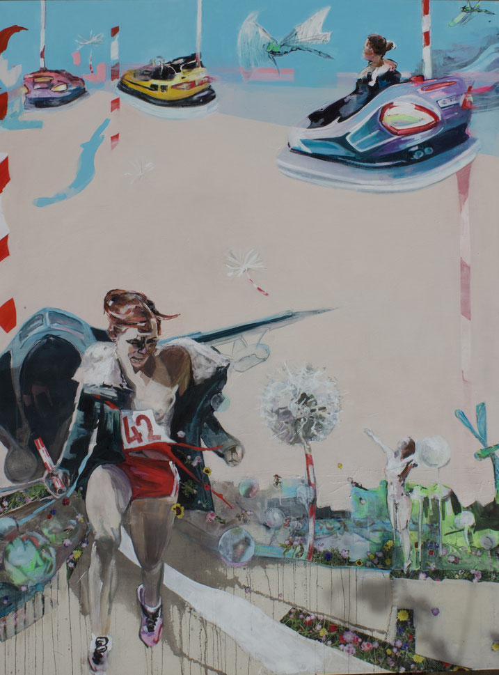 The relay runner, B.: 1,5 L: 2 Meter, acrylic and collage on canvas, 2025