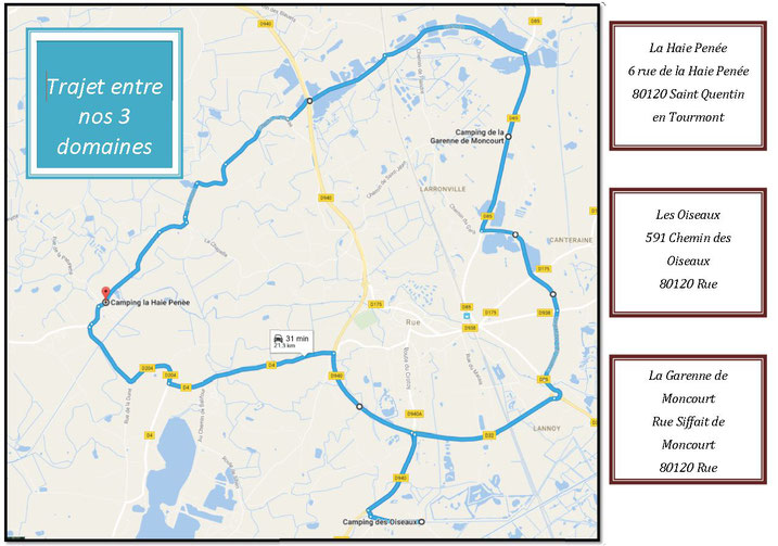 Trajet pour nos 3 campings