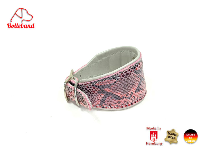 Leichtes Windhundhalsband 5 cm breit in Pythonoptik in pink und grauem Futterleder und eingearbeiteter Polsterung