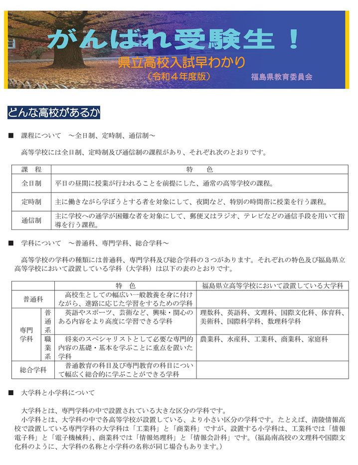 福島県立高校入試,福島県立高校早わかり,がんばれ受験生！