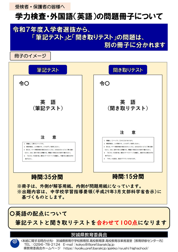 茨城県高校入試,学力検査,英語,外国語,筆記テスト,聞き取りテスト,問題冊子