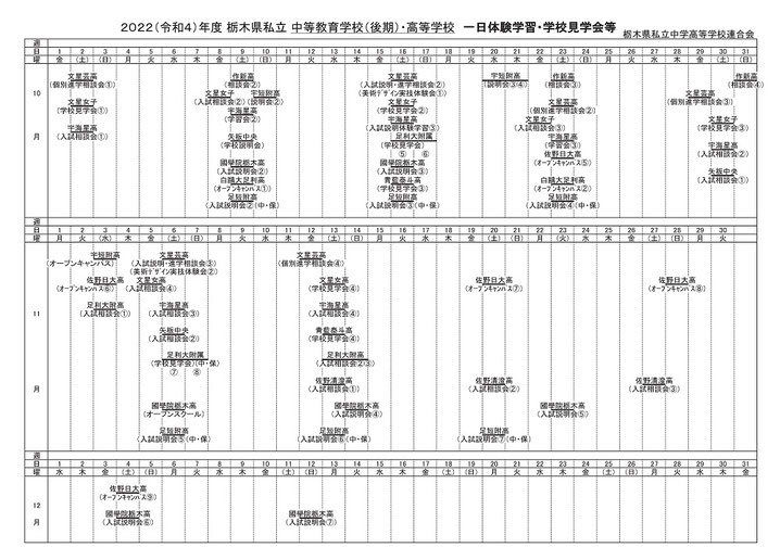 私立高校 一日体験学習・学校見学会 日程