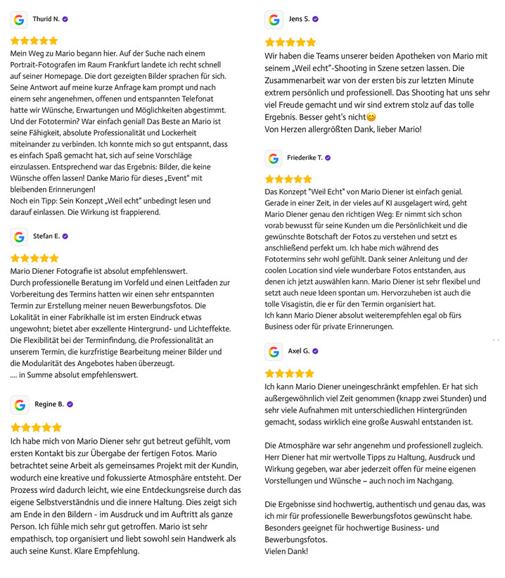 Google Kundenstimmen Business Portrait und Bewerbungsfotografie Schwalbach Eschborn, Portraitfotograf Mario Diener